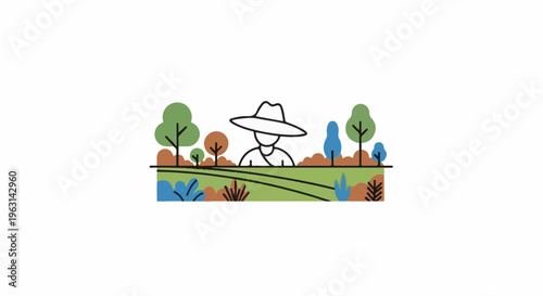 Farmer in a wide-brimmed hat works in a lush, colorful field with trees and bushes