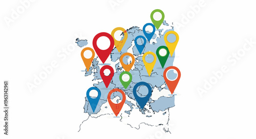 Diverse location pins mark cities across a stylized map of Europe