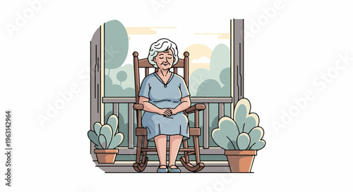 Elderly woman in a rocking chair on a porch, enjoying nature