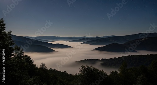 Misty mountain landscape with foggy valley.