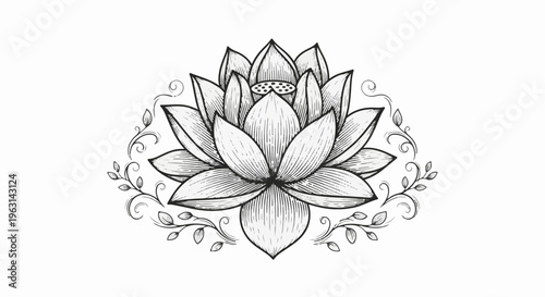 Detailed sketch of a blooming lotus flower with delicate floral accents