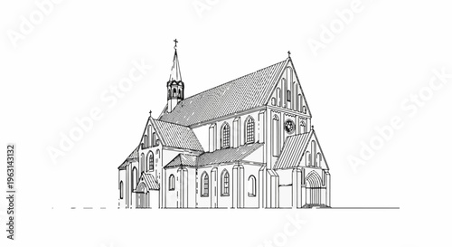 Detailed sketch of a large gothic church with spires, arched windows, and a clock