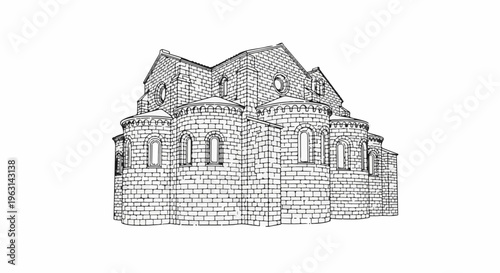 Detailed sketch of an old stone church with multiple rounded structures