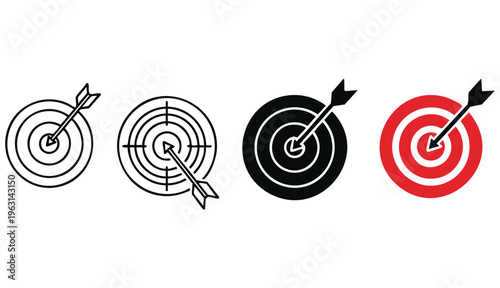 Target icon with arrow in center symbolizing goal, focus and accuracy. Bullseye pictogram for success, achievement, strategy and direction. Ideal for planning, performance, and business goals concept.