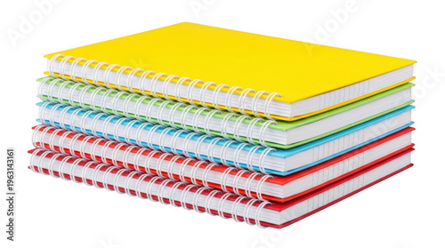 Stack of colorful spiral bound notebooks on white background