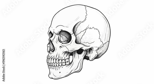Detailed sketch of a human skull, viewed from the side