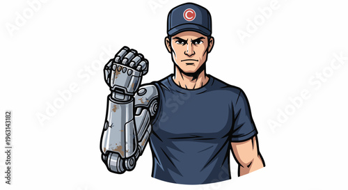 Determined man with cybernetic arm, wearing a cap, stands resolute