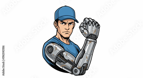 Determined man with prosthetic arm, wearing a cap and blue shirt, flexes