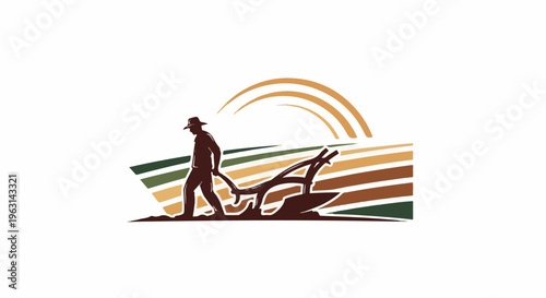 Farmer plowing a field under a stylized rainbow and sun