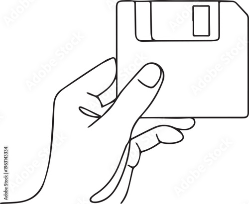 Minimalist single line drawing of hand holding floppy disk, clean black outline vector illustration of obsolete storage technology