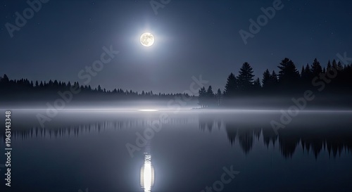 Moonlight Reflection on Calm Lake Water.