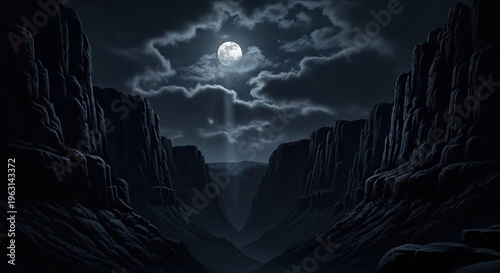 Moonlit Night Dark Canyon Landscape Scene.