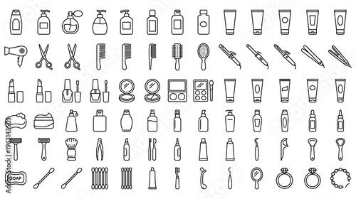 Collection of beauty and personal care items for hygiene and style.