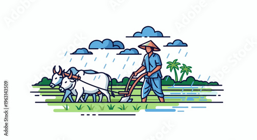 Farmer plows field with oxen under monsoon rain, tropical trees