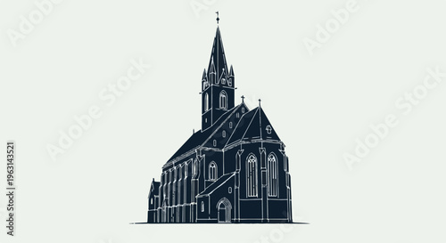 Detailed gothic church silhouette with a tall spire and arched windows