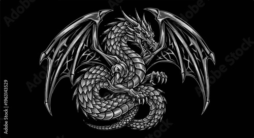 Detailed grayscale illustration of a fearsome winged dragon coiled menacingly