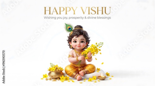Baby krishna celebrating vishu festival with flowers and peacock