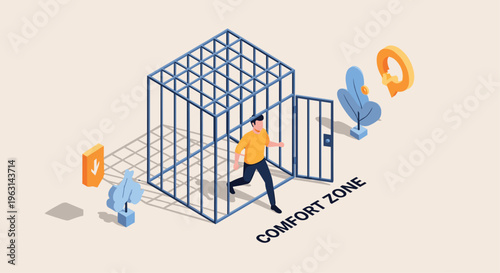 Courageous man making a life change by stepping out of a metal cage representing his comfort zone towards personal growth.