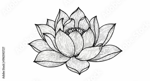 Detailed black and white sketch of a blooming lotus flower with intricate petal layers