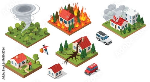 Set of isometric illustrations depicting various natural disasters including tornadoes, forest fires, earthquakes, and home fires.