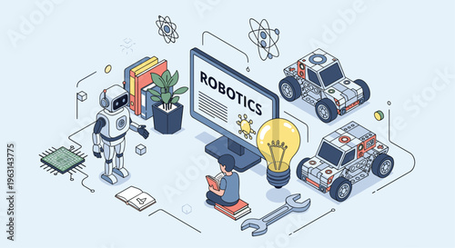 Young boy learning about robotics and engineering with a humanoid robot, electronic car kits, books, and an educational screen.