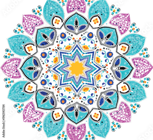 Vibrant Mandala Illustration with Intricate Patterns and Bold Colors for Spiritual, Decorative, and Wellness Design Projects
