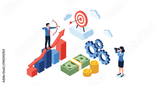 Successful businessman aiming at a target while standing on a rising financial bar chart surrounded by money and blue gears.
