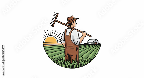 Farmer with rake in a field at sunrise, near a barn