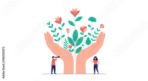 Conceptual illustration of giant protective hands nurturing a garden of blooming flowers with tiny people observing through binoculars.