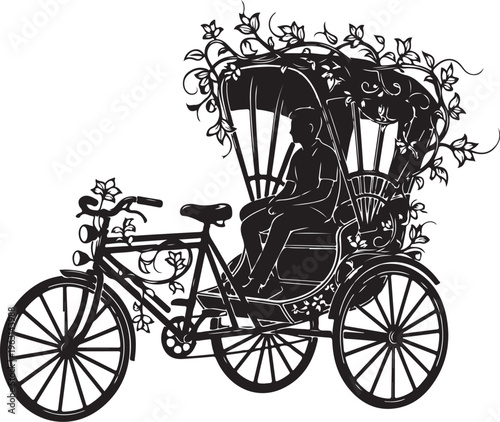 Black silhouette of a decorated tricycle rickshaw with floral patterns
