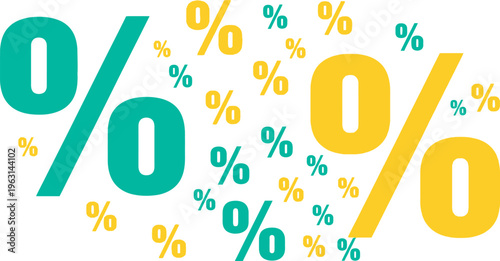 Floating Percentage Signs Abstract Background - Teal and Yellow Discount Pattern Vector - Minimalist Sale, Finance, and Tax Promotion Graphic - Isolated on White