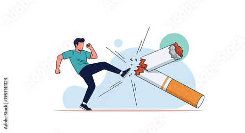 Determined man taking a stand against smoking by kicking and breaking a giant cigarette to promote a healthy tobacco free life.