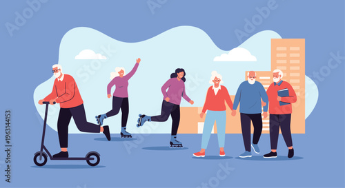 Group of active senior citizens enjoying outdoor recreational activities including riding a scooter, rollerblading, and walking.