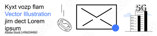 Digital communication, technology advancement, network connectivity, 5G infrastructure, modern communication, innovative networking. Email icon and 5G tower side by side. Digital communication