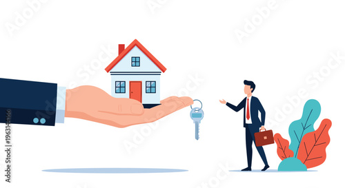 Real estate agent or bank professional handing over a new house model and keys to a happy businessman buyer in a suit.