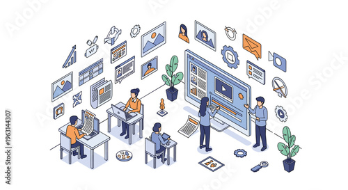 Collaborative workspace with a team of creative professionals designing digital content, video editing, and marketing projects.