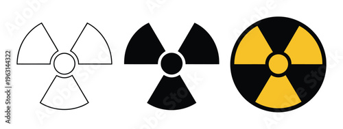 Radiation hazard symbols: outline, black, and yellow/black