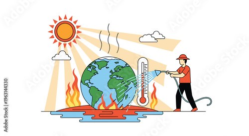 Conceptual illustration of a fireman spraying water to cool down a burning planet Earth suffering from global warming and heat.