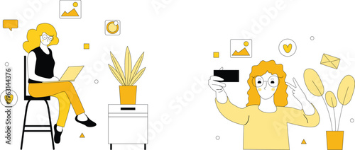 Two women engaged in modern work and shopping activities with digital and payment symbols around them