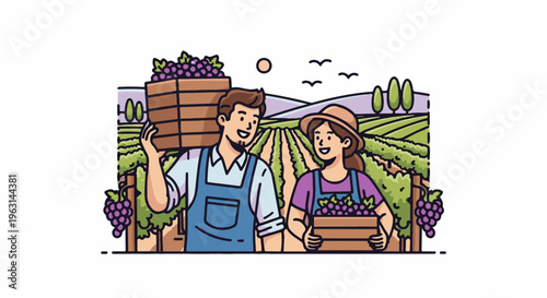Farmers harvesting grapes in a sunlit vineyard, carrying baskets of fruit