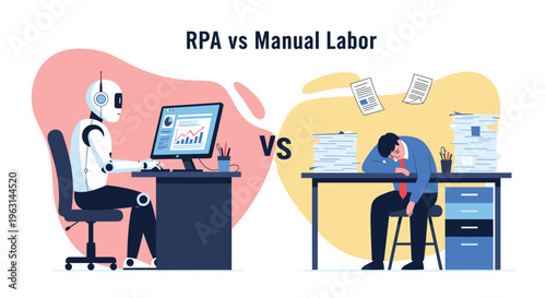 Comparative illustration showing a highly efficient robot working on a computer versus a tired worker overwhelmed by paperwork.