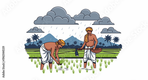 Farmers toil in a rainy paddy field with mountains and palm trees