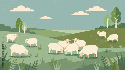 Cartoon Sheep Grazing Peacefully in a Green Meadow Under Cloudy Skies.