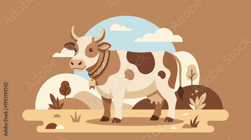 Charming Cow Illustration A Delightful Depiction of a Dairy Farm Animal.