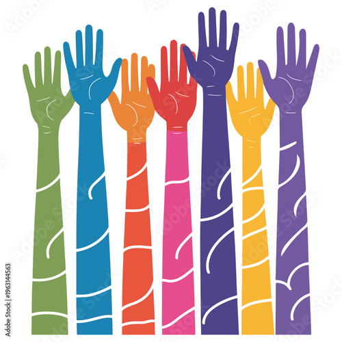 Colorful raised hands vector graphic symbolizing diversity, inclusion, and collective action, perfect for themes of community and teamwork