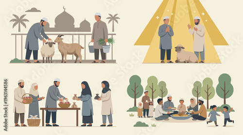 Eid alAdha Celebration Muslims Performing Rituals and Sharing Food.
