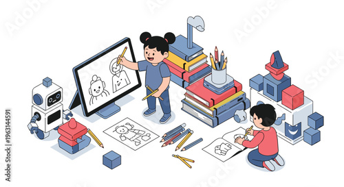 Young children expressing their creativity by drawing characters using both a digital graphics tablet and traditional sketchbooks.