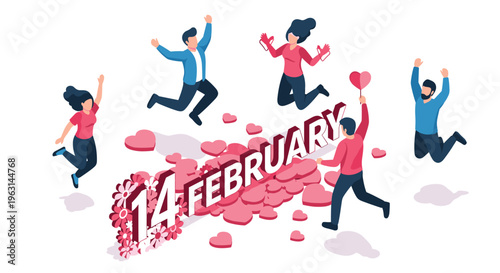 Happy people jumping for joy and celebrating love with pink hearts and flowers around the 14 February Valentine day text.
