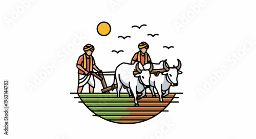 Farmers with oxen plowing fields under a sunny sky with birds