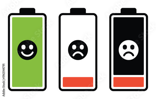 Three battery showing full, low, and critically low power levels with emoticons